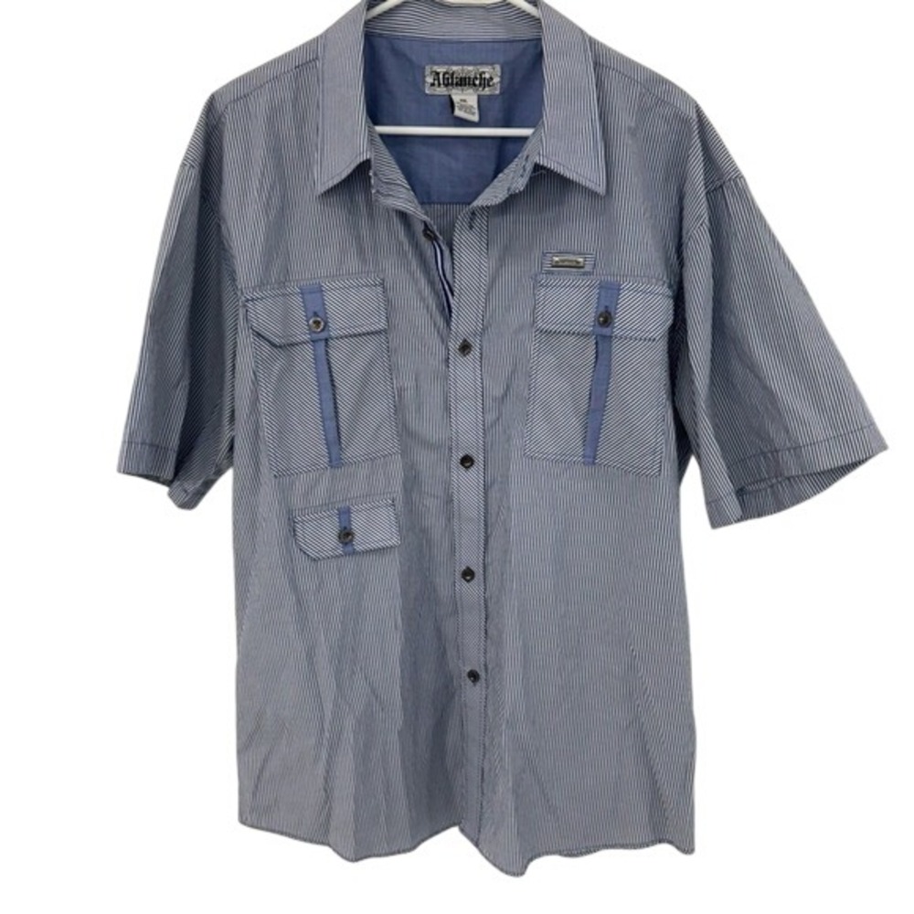 Ablanche Blue Striped Men's Short Sleeve Shirt with Metal Cargo TechnicalDetails